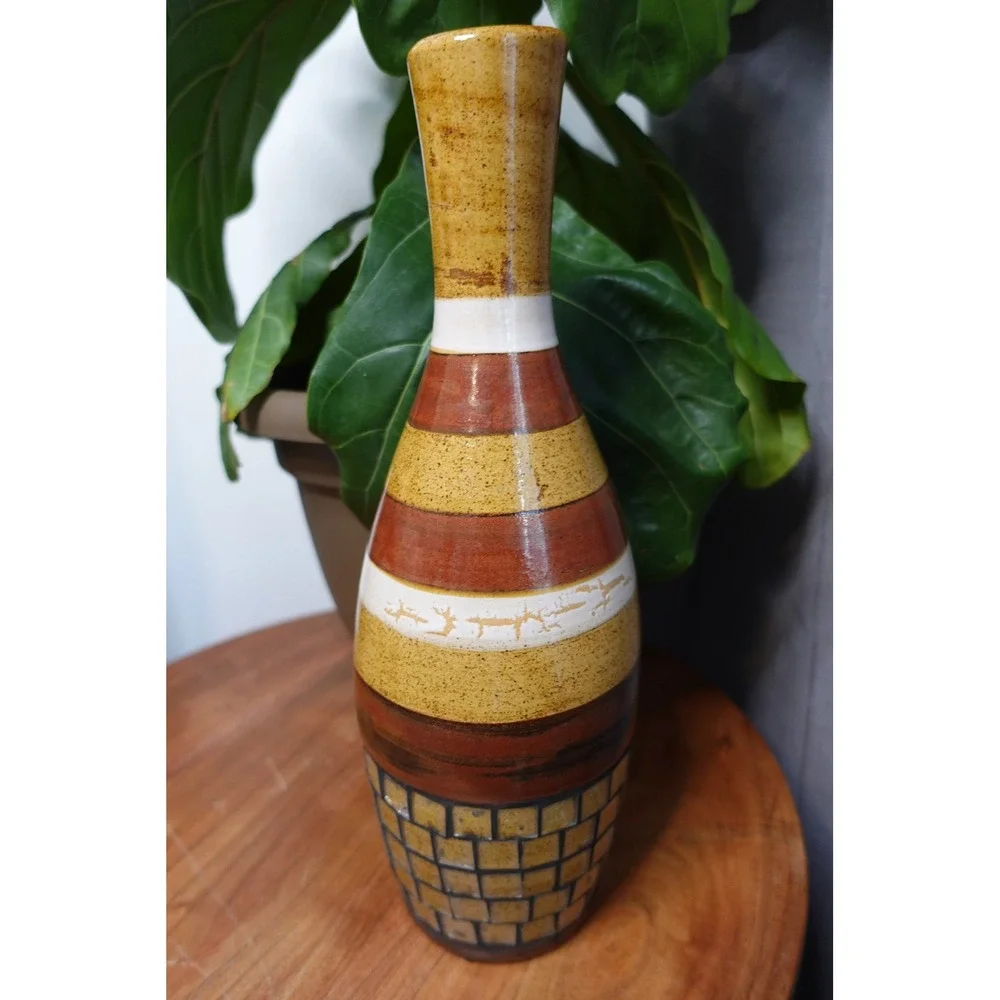 Striped Ceramic Vase with Brick Design, Vintage Decorative‎ Accent Vase